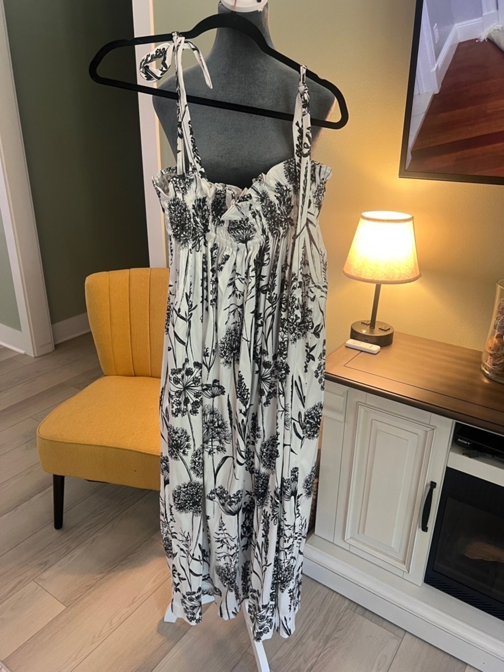 Women's Black & White Floral Maxi Dress - Sleeveless Tie-Strap